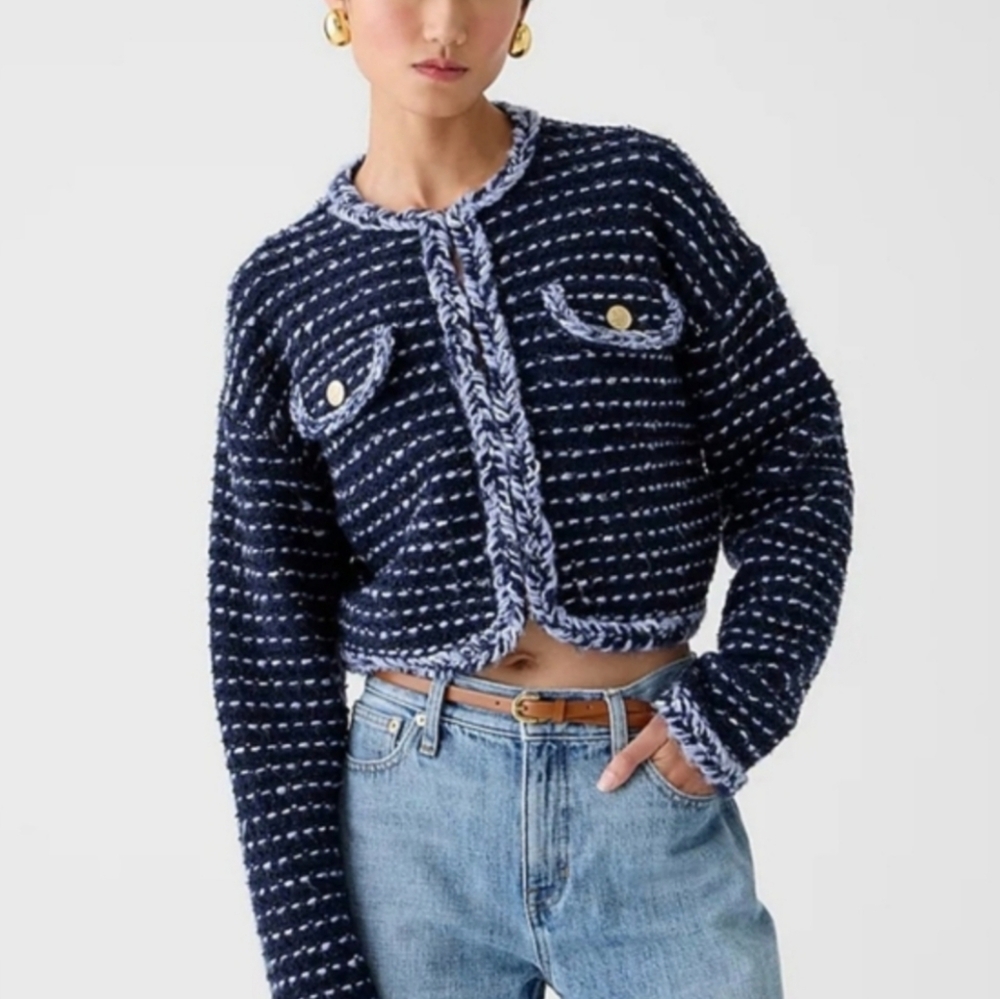 J. Crew Cropped Marled Yarn Navy Blue Merino Wool Alpaca Lady Jacket Blazer - Picture 12 of 13